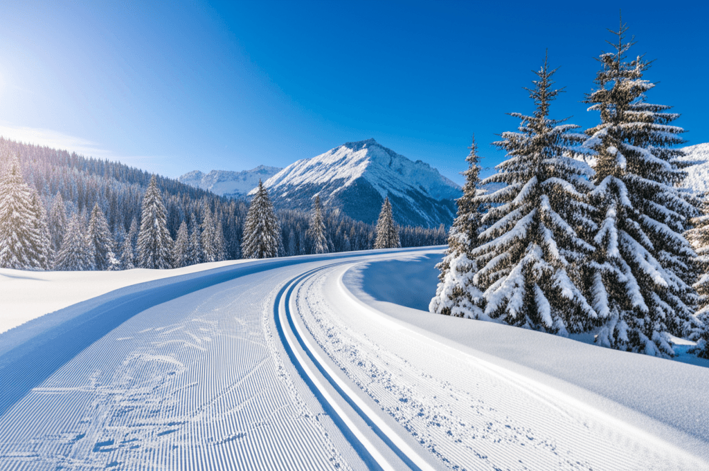 Winterlandschaft im Engadin mit verschneiten Bergen und Loipen